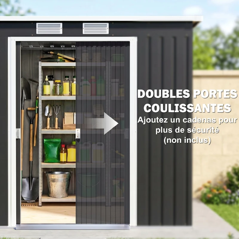 Outsunny Abri de jardin 2,77 m² 213 x 130 x 172 cm kit de fondation porte coulissante ventilations acier galvanisé gris foncé
