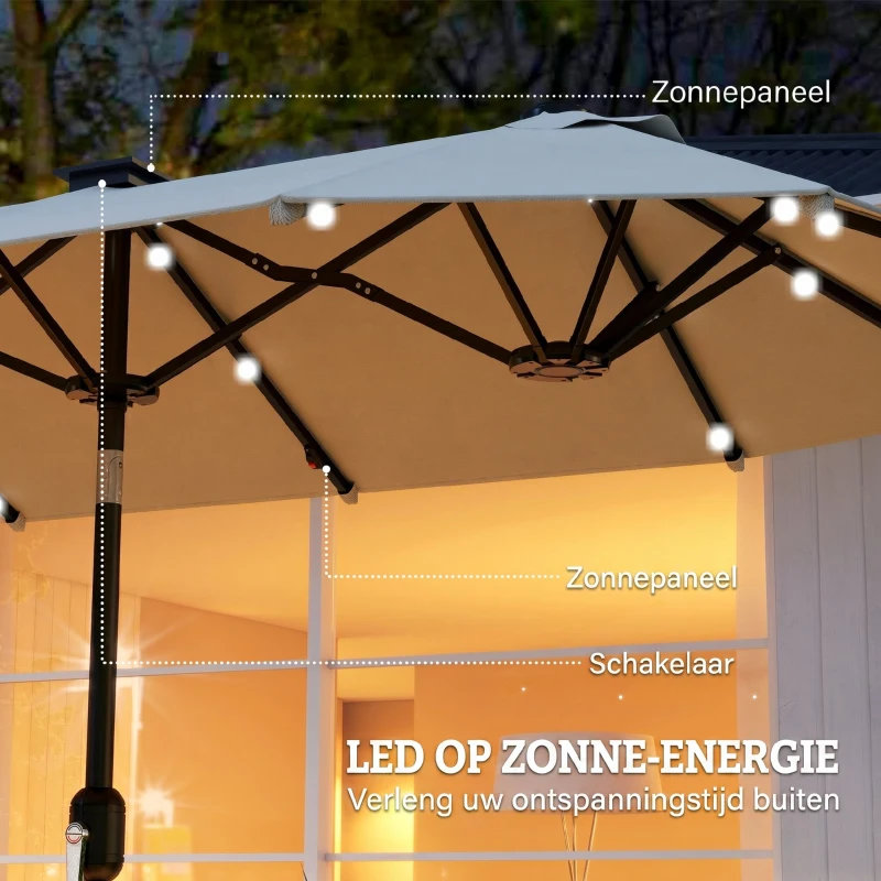 Outsunny dubbele zonwering, terrasscherm, kantelbaar, met zonnepaneel, 35 LED's, stalen frame, beige, 2,95 x 1,50 x 2,19 m