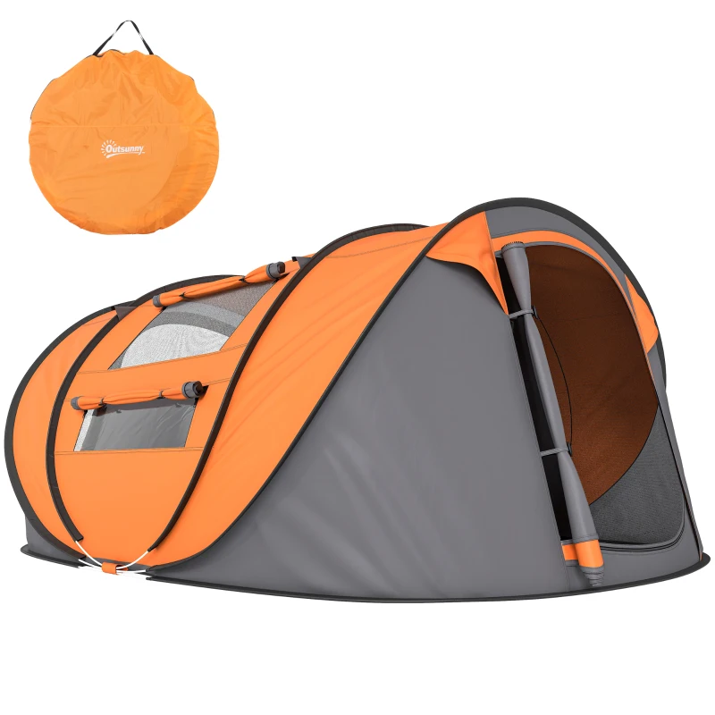 Outsunny Tenda da Campeggio Pop Up 2 Posti con 2 Porte, 4 Finestre e Telo Impermeabile, 263.5x220x123 cm, Arancione