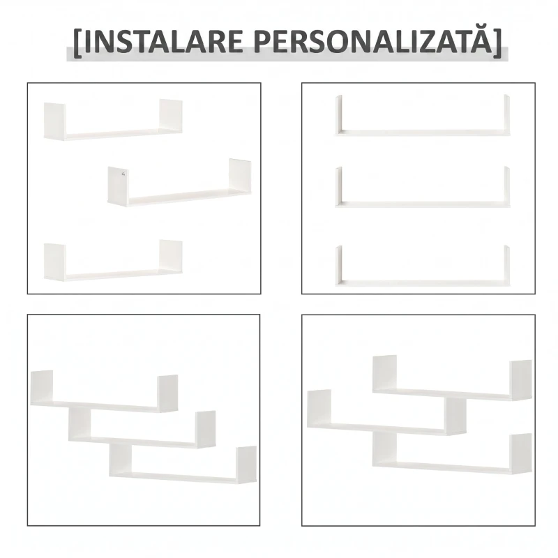HOMCOM Set de 3 rafturi de perete pentru depozitare din lemn, 80x18x18 cm, alb