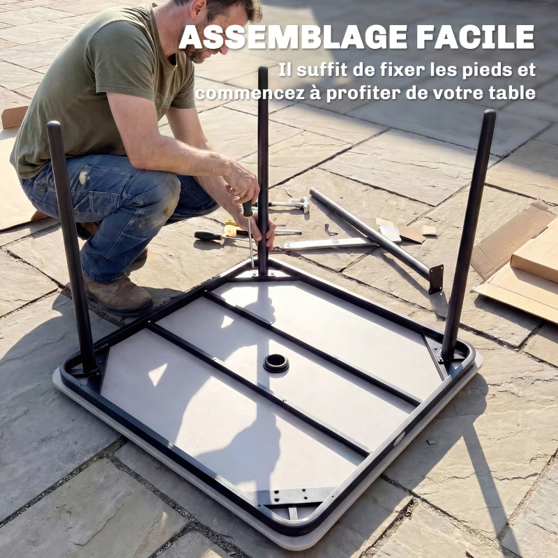 Outsunny Table de jardin rectangulaire pour 4 personnes, table à manger extérieure avec trou de parasol, 85 x 85 x 72,5 cm, gris