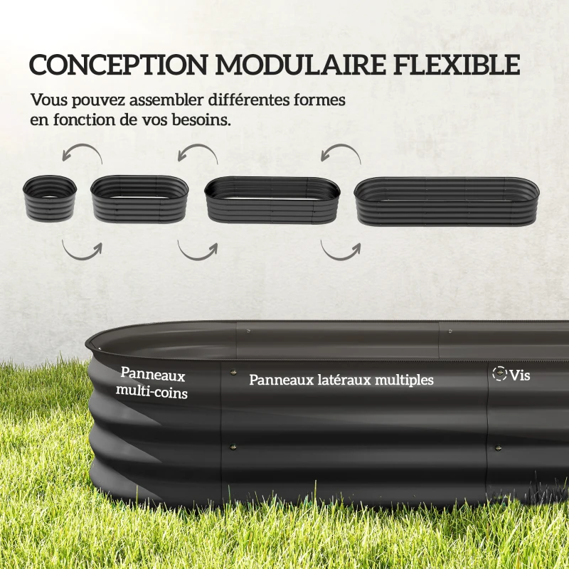 Outsunny Jardinière surélevée carré potager de jardin en acier modulable légumes, plantes, fleurs, dim. 195 x 62 x 30 cm gris