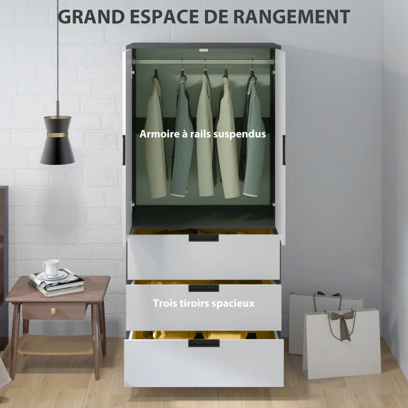 HOMCOM Armoire chambre penderie avec 2 portes à fermeture douce, 3 tiroirs et barre de suspension, 80x50x180cm, gris et blanc