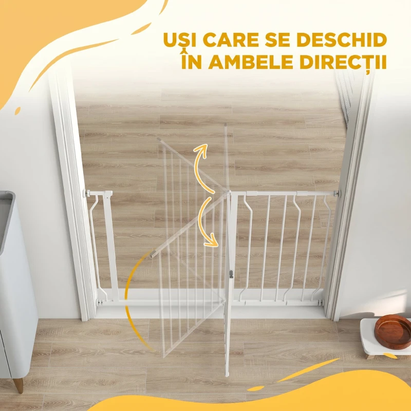 PawHut Poartă de Siguranță pentru Câini din Oțel și ABS, Extensibilă 75-115cm pentru Scări și Uși, Alb