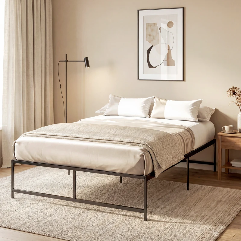 HOMCOM Cadre de lit double 140 x 190 cm, lit double 2 personnes en acier, hauteur 31 cm avec rangement, sommier à lattes, noir