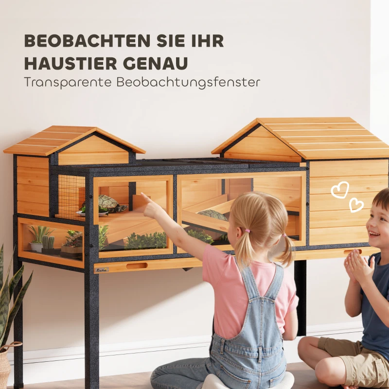 PawHut Schildkrötenhaus, Kleintiergehege, 2 Räume, 2 Stockwerke, Fenster, Rampen, Zubehör, Holz, Stahl, Gelb