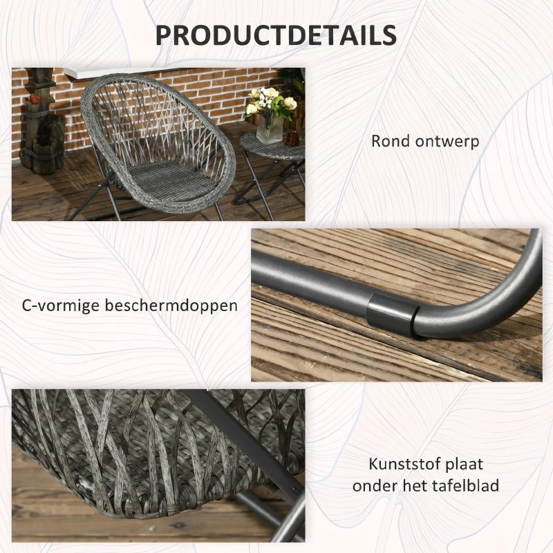 Outsunny Tuinmeubelset, 3-delig, rotanlook, 2 stoelen, 1 tafel, inklapbaar, Grijs