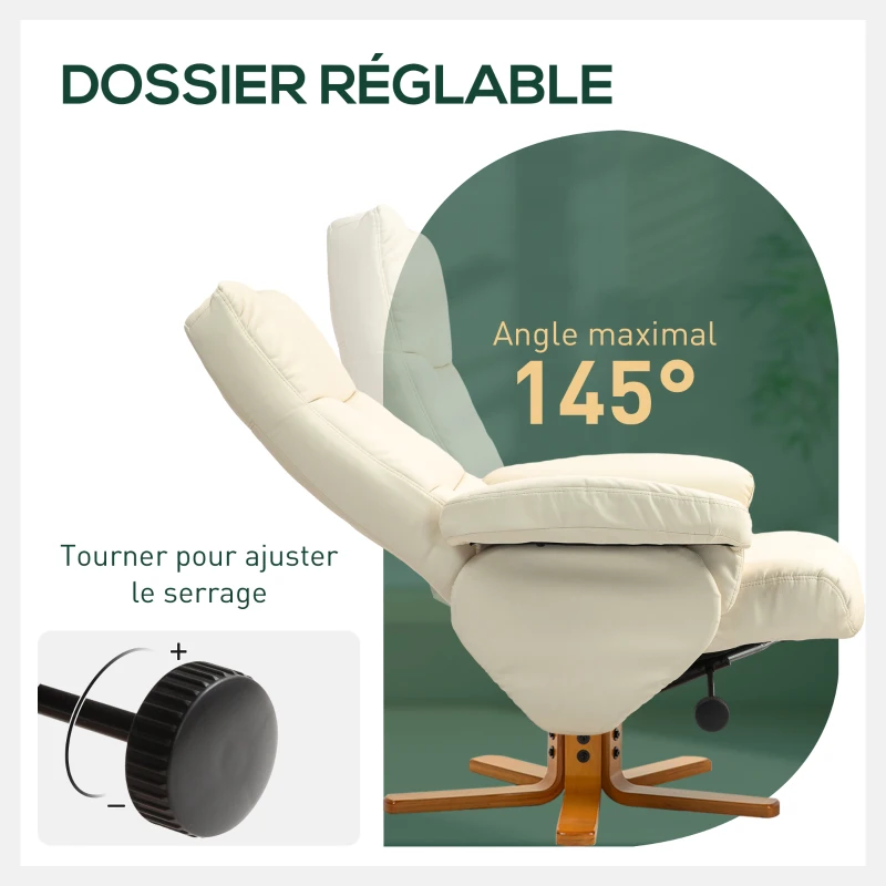 HOMCOM Fauteuil relax avec repose-pied, fauteuil de relaxation, pivotant à 360°, dossier inclinable, 80 x 86 x 99 cm, crème
