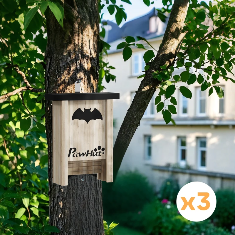 PawHut Ensemble de trois boîtes à chauve-souris nichoir chauve-souris avec un crochet18 x 6 x 22,5 cm bois naturel