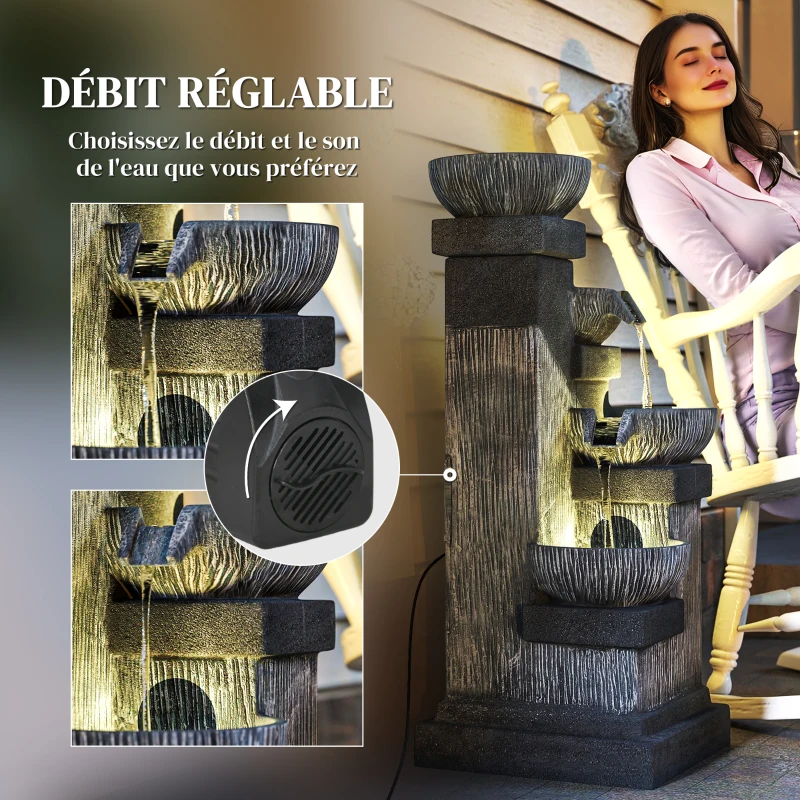 Outsunny Fontaine de Jardin Cascade Fontaine d'eau 4 niveaux avec lumières LED, résine, 38 x 36 x 85 cm, gris