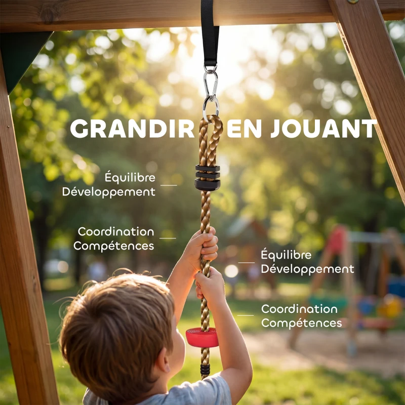 AIYAPLAY Corde d'escalade Balancoire 1,9 m, Balançoire Disque pour Enfants avec Plateforme, Sangle et Mousqueton, Vert