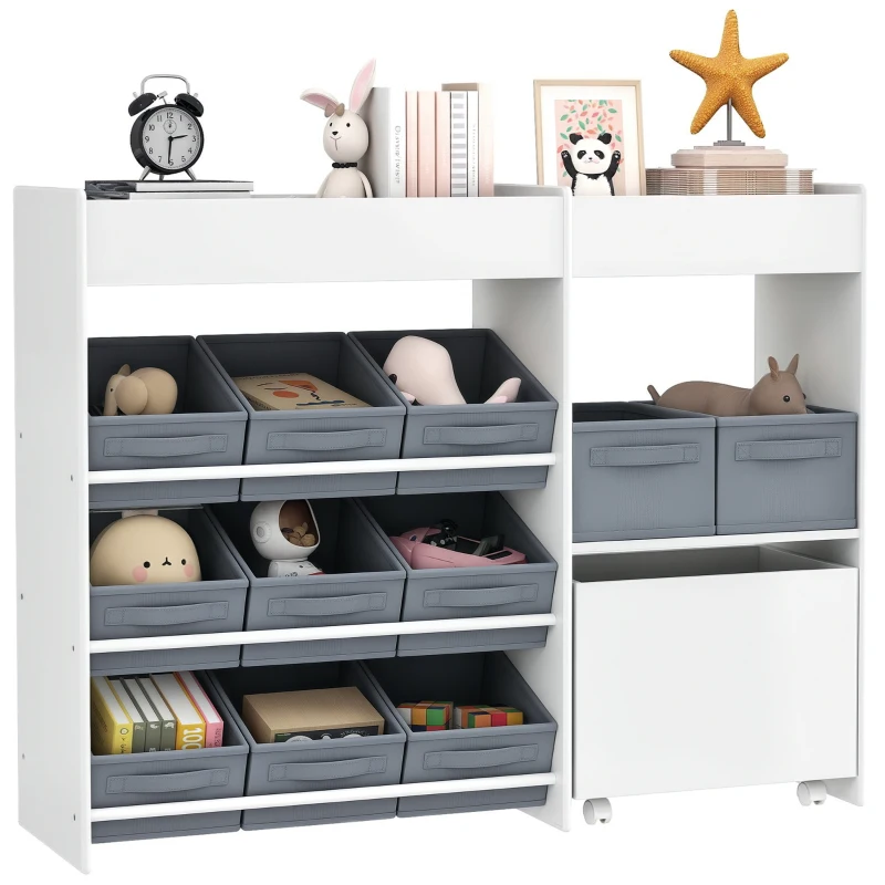 AIYAPLAY Mobile Portagiochi per Bambini con 11 Cestini in Tessuto, Armadietto e Ripiani, 105x30x80 cm, Bianco