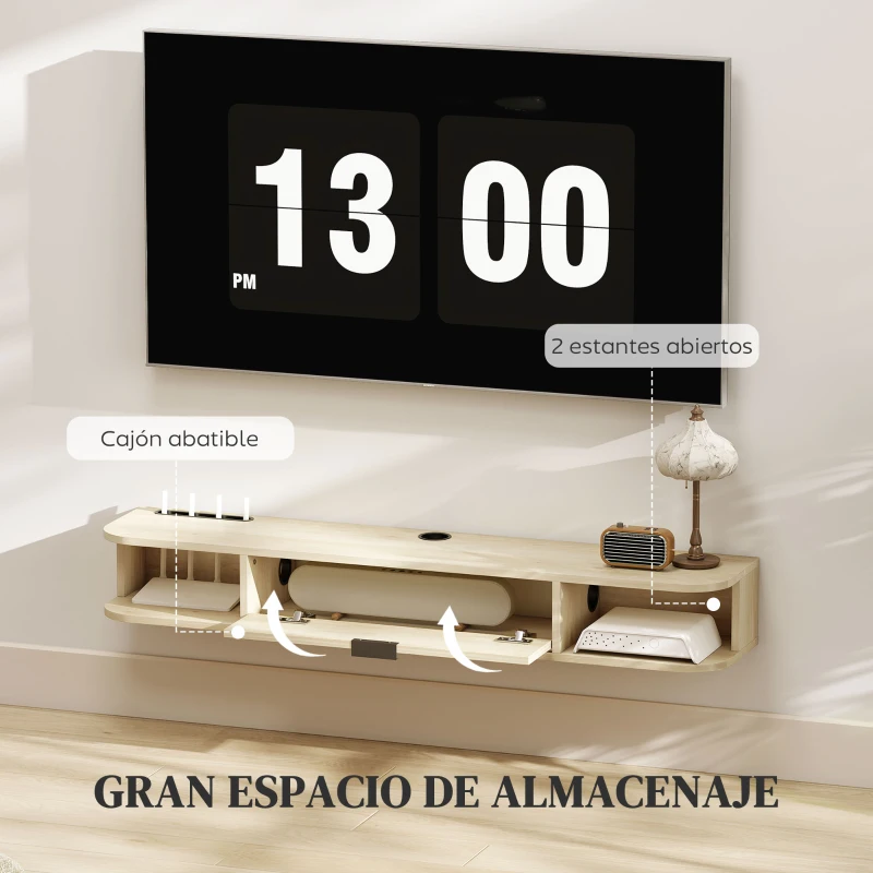 HOMCOM Mueble de TV Suspendido con Cajón Abatible 2 Estantes Abiertos Gestión de Cables 120x24x16 cm Madera Natural