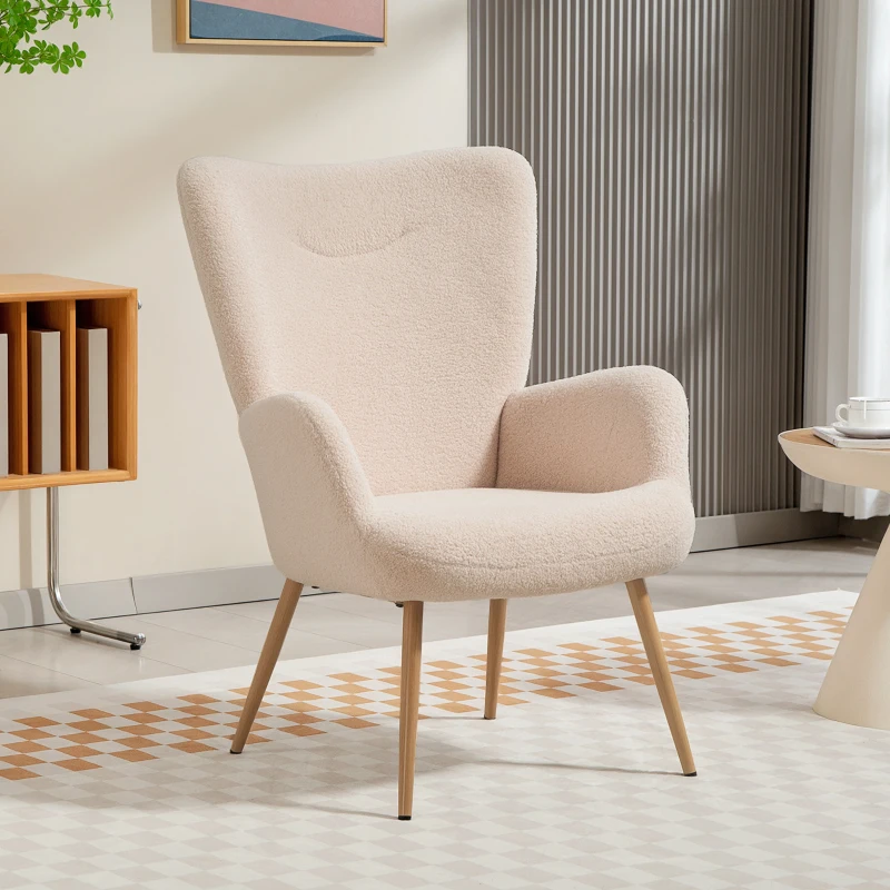 HOMCOM Fauteuil salon, fauteuil d'appoint rembourré en tissu bouclette avec haut dossier et accoudoirs, 71x74x97,5cm, beige
