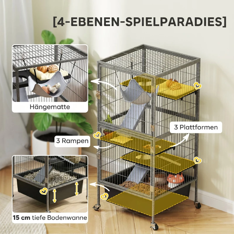 PawHut Kleintierkäfig 4-stöckiger Nagerkäfig mit herausnehmbarem Tablett Rampen Hängematte Rollen Plattformen 52x52x115 cm Grau