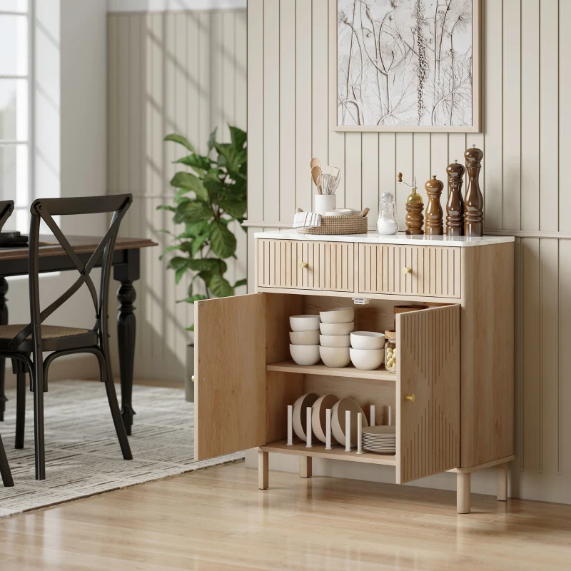 HOMCOM Buffet, meuble de rangement cannelé avec plateau effet marbre, 2 tiroirs, 2 portes, étagère réglable, 77x30x80cm, chêne(m-8)