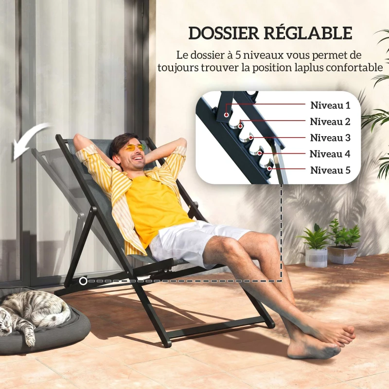 Outsunny Lot de 2 bain de soleil, chaise longue pliante avec appuie-tête en textilène inclinable 60 x 100 x 85 cm gris foncé