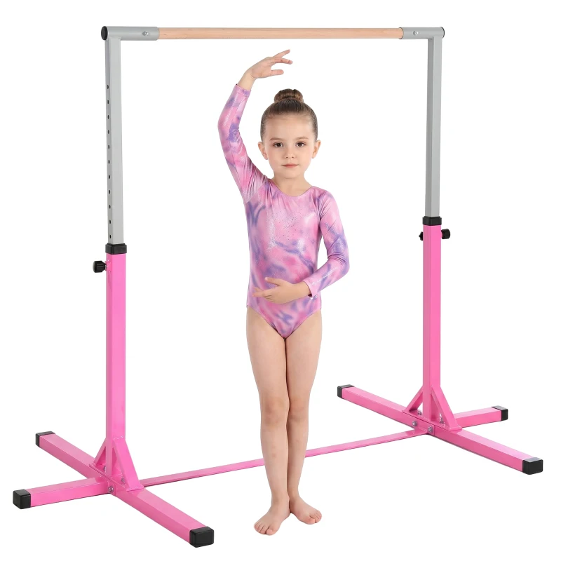 HOMCOM Barra de Gimnasia para Niños de +3 Años Barra de Entrenamiento Altura Ajustable 92-150 cm Carga 75 kg 194x121x150cm Rosa