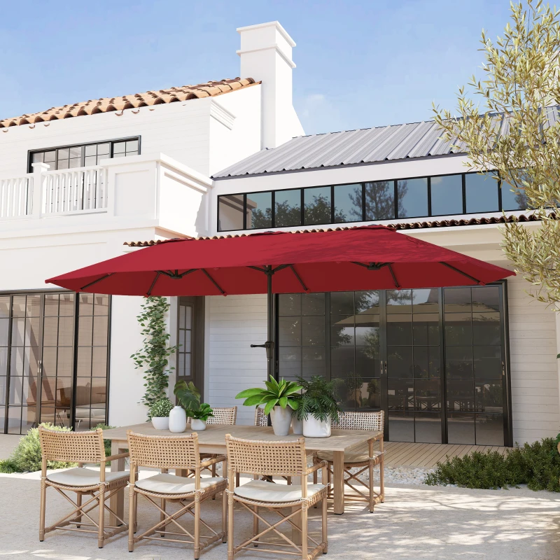 Outsunny Parasol de jardin extérieur, parasol double rectangulaire 4 x 2,2 x 2,3m avec ouverture fermeture manivelle rouge vineux