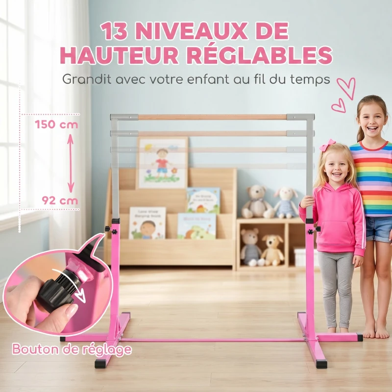 HOMCOM Barre fixe de gymnastique pour enfant, hauteur réglable 13 niveaux de 92-150 cm, en acier et bois en hêtre, barre de gym d'entrainement à domicile, antidérapant, facile à assembler, rose