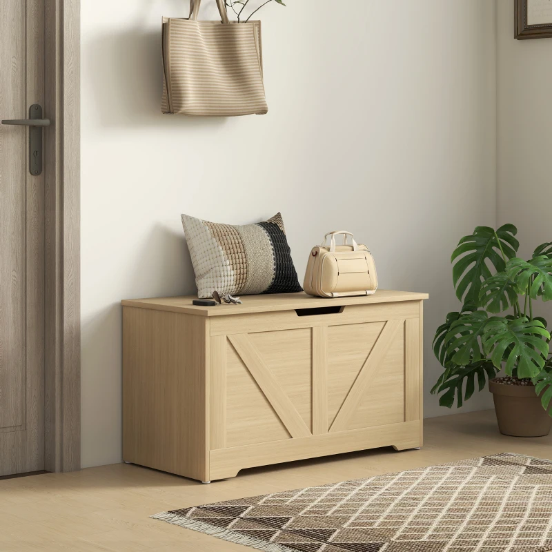 HOMCOM Coffre de rangement, banc de rangement avec couvercle rabattable et charnières de sécurité, 80 x 40 x 45 cm, bois naturel