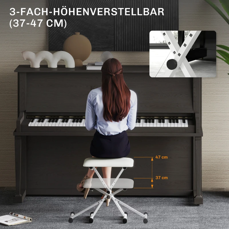 HOMCOM Klavierhocker Höhenverstellbare Klappbare X-förmige Klavierbank mit Kunstleder Kissen 39 x 29 x 37-47 cm Weiß