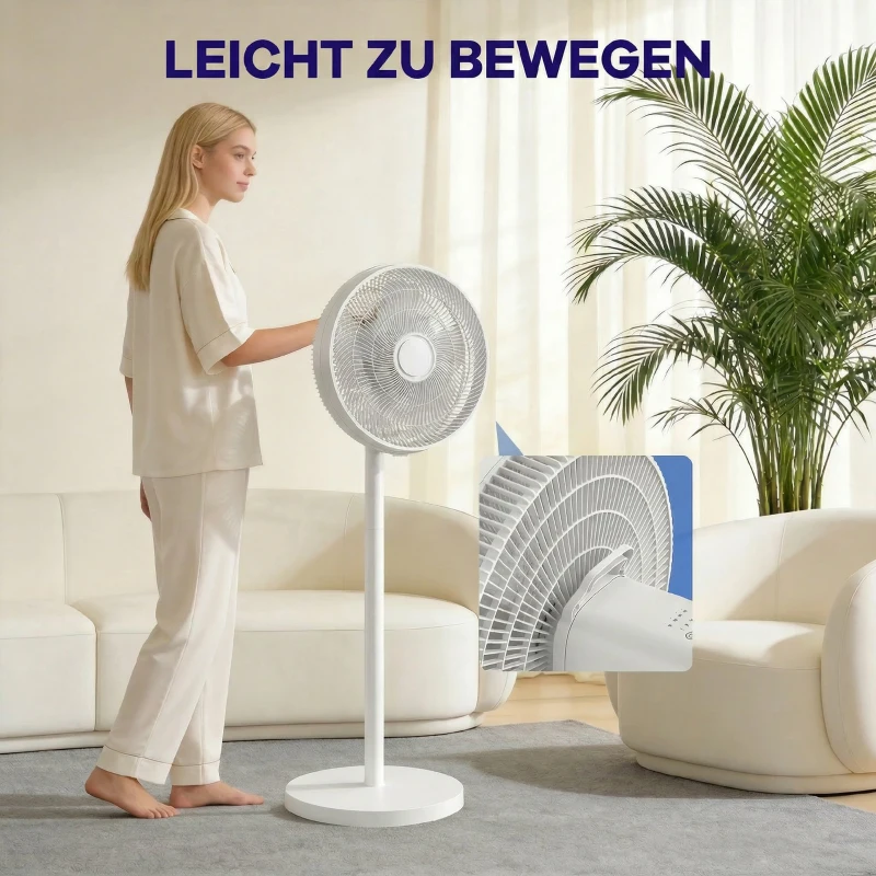 HOMCOM Ventilator de Podea cu Telecomandă, Reglabil pe Înălțime, 4 Viteze, Oscilație 80°, Timer 10 Ore, Alb, Ø40x90.5-118.5Î cm