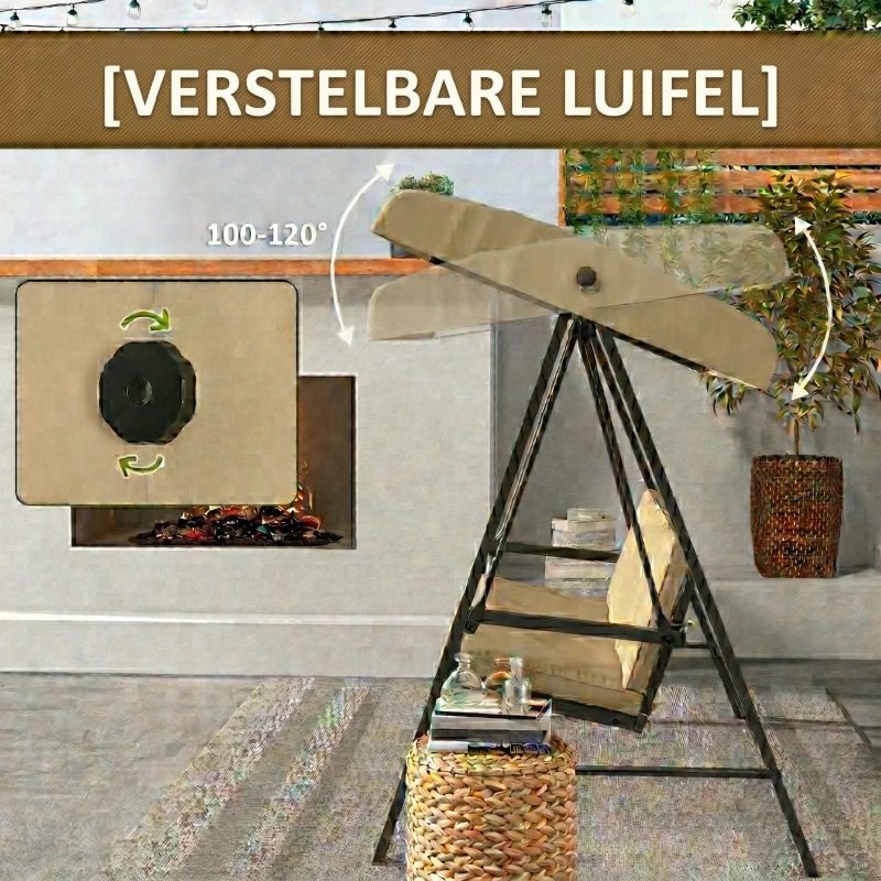 Outsunny Hollywoodschommel Tuinschommel Schommelbank, verstelbaar zonnedak, 200 cm x 125 cm x 175 cm, Beige + Bruin