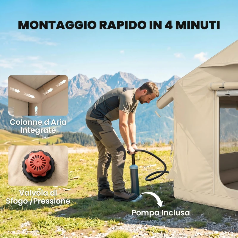 Outsunny Tenda da Campeggio Gonfiabile con Pompa, Impermeabile 3000mm e Antivento, Cachi