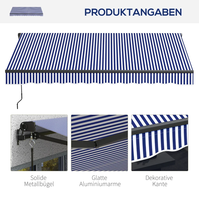 Outsunny Markiza przeciwsłoneczna Markiza Tarasowa, w tym Korba Ręczna, odporna na warunki atmosferyczne, 247 cm x 295 cm, Niebieski + Biały