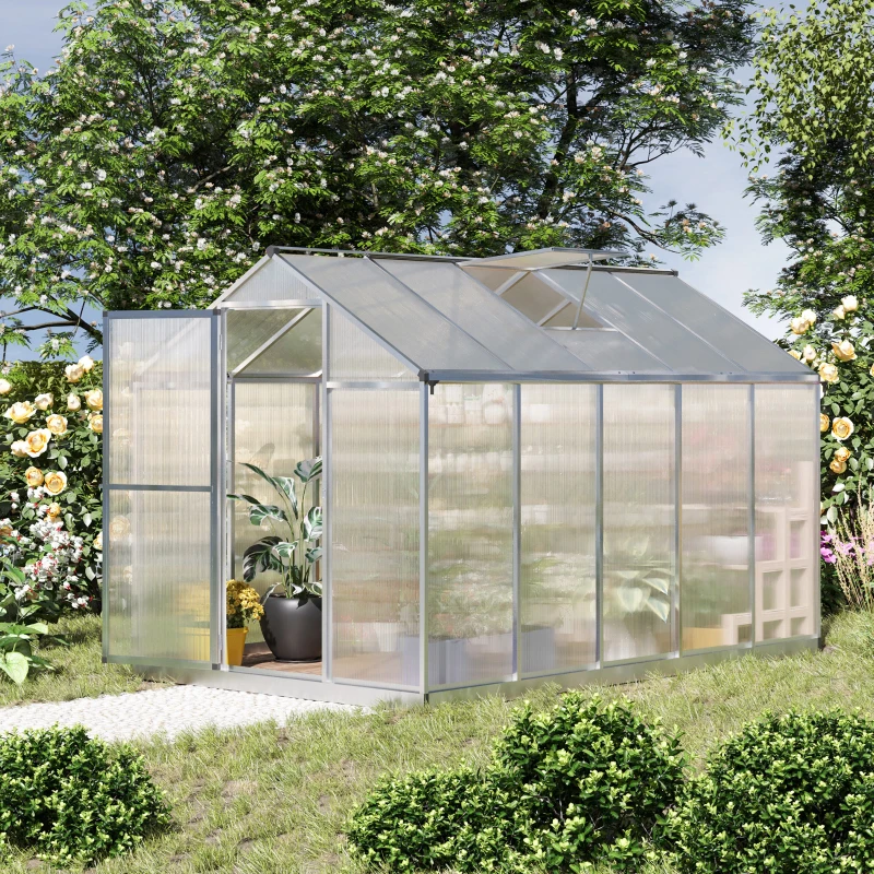 Outsunny Serre de jardin en aluminium polycarbonate, serre avec fenêtres supérieures réglables, porte battante, abri extérieur résistant aux intempéries pour plante fleur, 303x183x195 cm, transparent