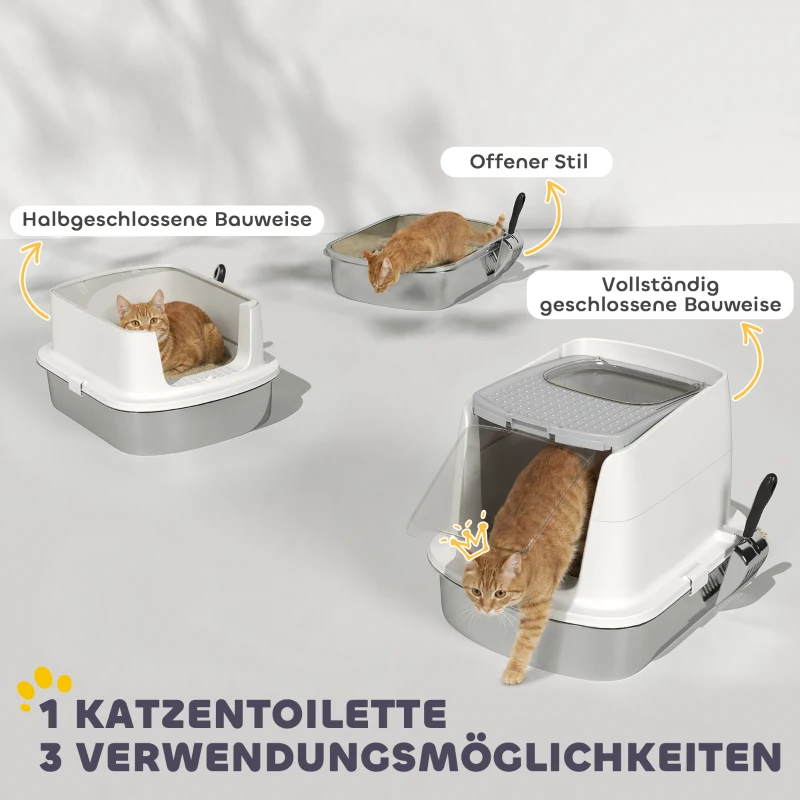 PawHut Katzentoilette Edelstahl, geschlossene Katzentoilette mit Schaufel, Geruchsbeutel, Einstieg Ausgang(m-9)