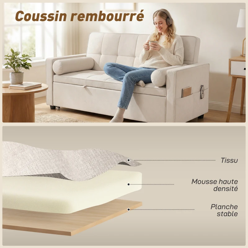 HOMCOM Canapé convertible 2 places 3 en 1 canapé-lit avec lit gigogne double dossier réglable 2 coussins 80,5x137,5x84cm beige