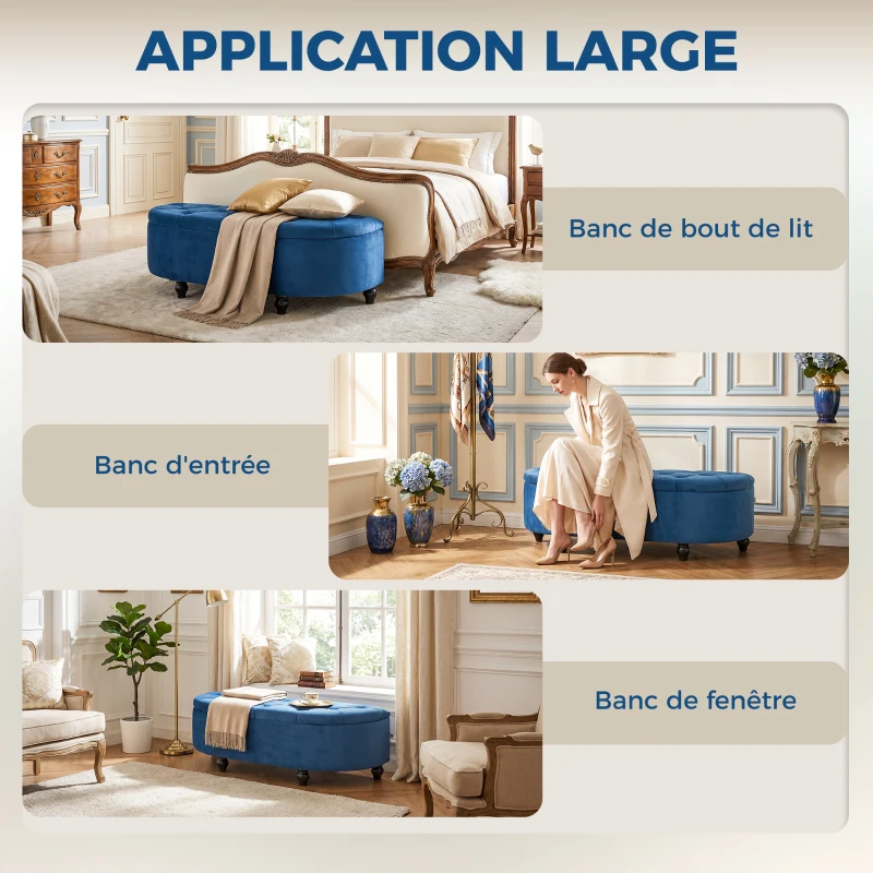 HOMCOM Pouf de Rangement Coffre 2 en 1 - Pouf capitonné Demi-Cercle - Pieds Bois hévéa Noir revêtement Velours Bleu