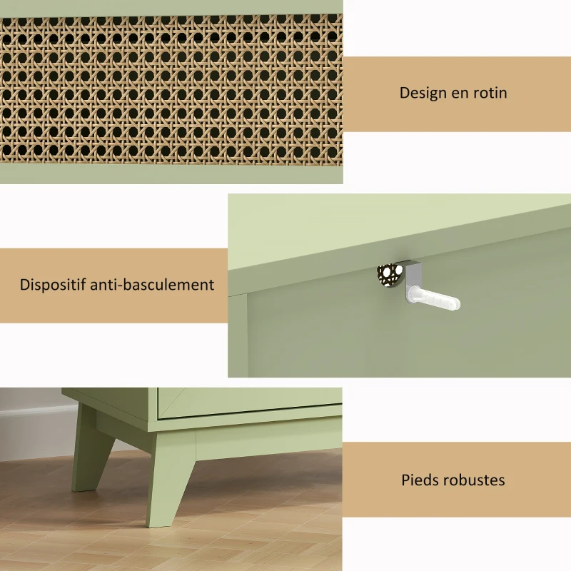 HOMCOM Commode 4 tiroirs meuble de rangement cannage en rotin aspect bois clair 80 x 35 x 95 cm vert