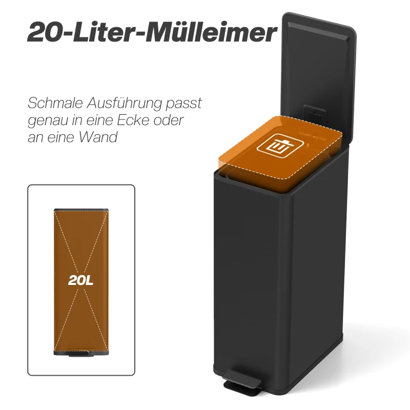 HOMCOM Mülleimer 20L, Soft-Close-Deckel, Deodorant-Fach, Fingerabdrucksicher, Edelstahl, Schwarz