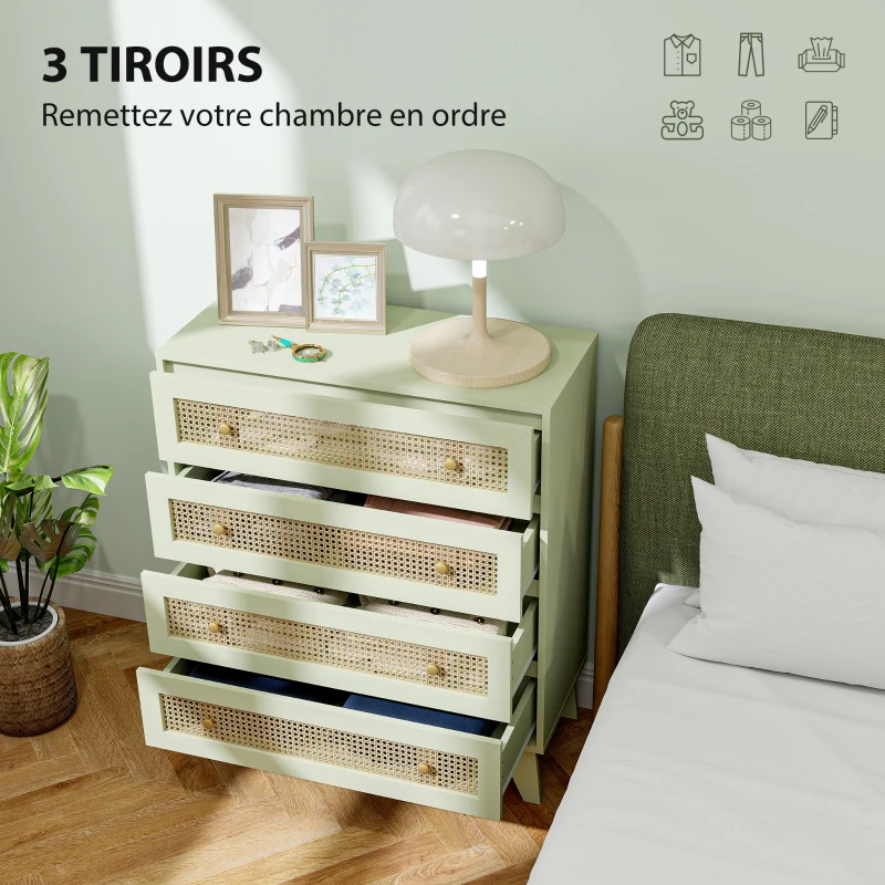 HOMCOM Commode 4 tiroirs meuble de rangement cannage en rotin aspect bois clair 80 x 35 x 95 cm vert