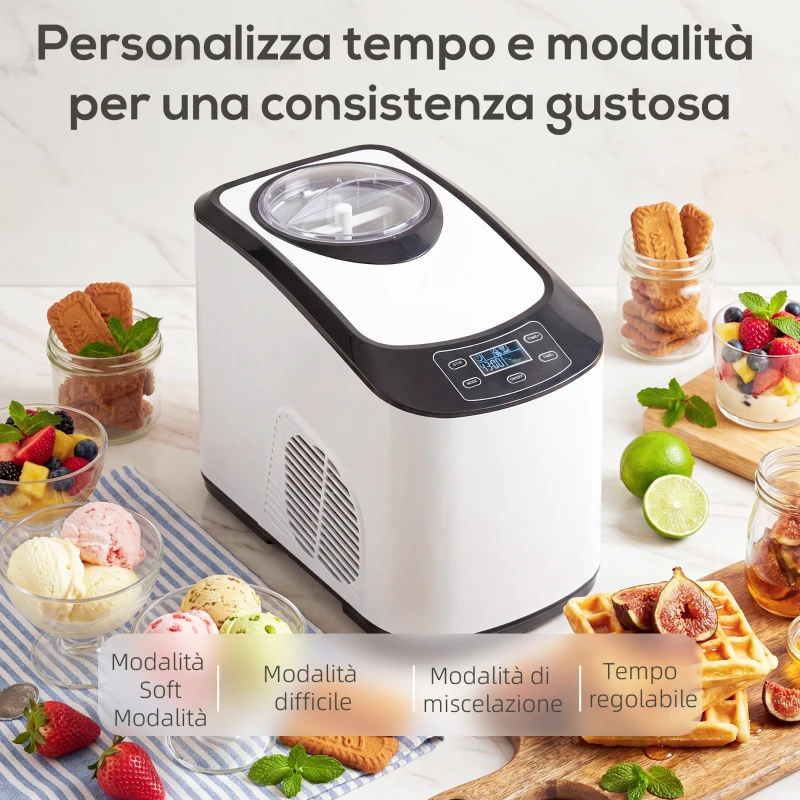 HOMCOM Gelatiera con Compressore Integrato 1.5L, Modalità Morbida e Dura, Funzione Auto-Mantenimento al Freddo, Bianca