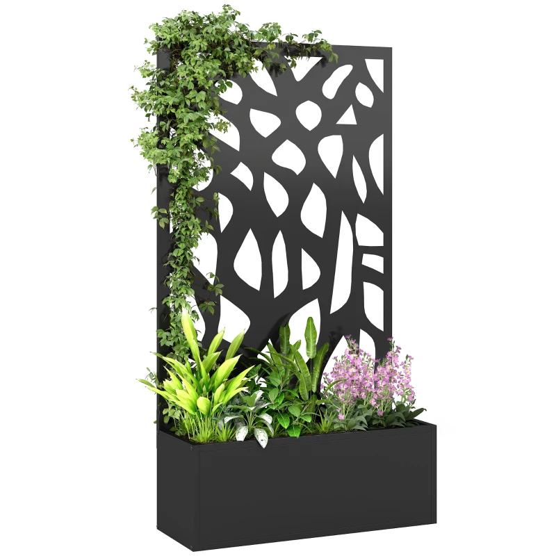 Outsunny Metal Raised Garden Bed with Trellis, Outdoor Planter Box with Privacy Screen, Elevated Garden Box for Climbing Plants