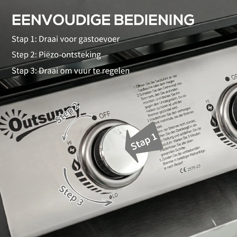 Outsunny Gasbarbecue met Deksel, 3 Branders, Vetopvangbakje, antikleef-plaat, 63x47x25 cm, Zwart/Zilver