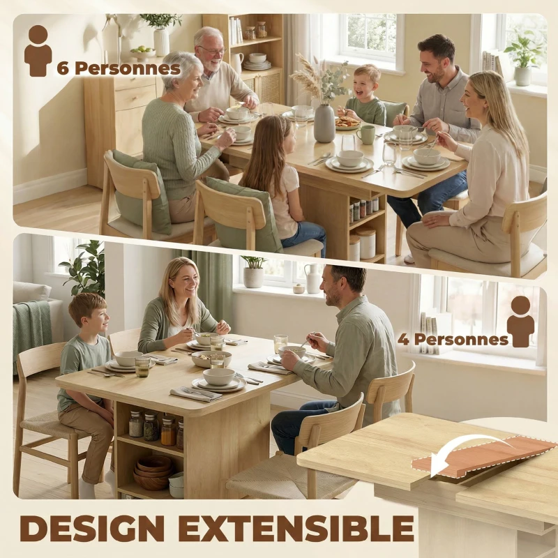HOMCOM Table à manger extensible rectangle pour 4 à 6 personnes, table de cuisine 110-130 cm, 6 étagères ouvertes, bois naturel