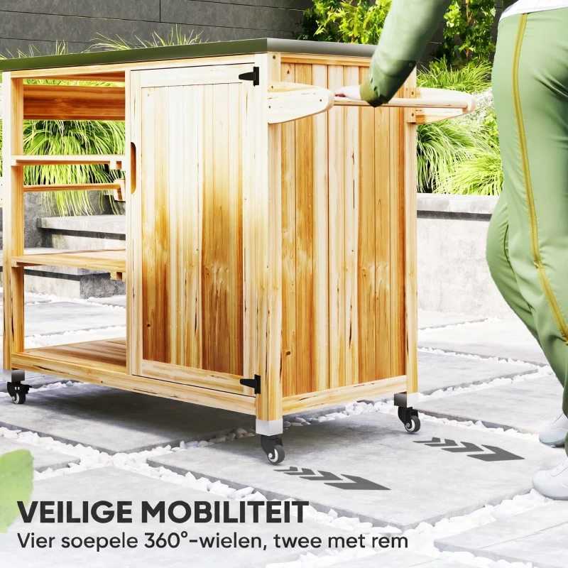 Outsunny Buitenkeuken Eiland, Grillwagen met Kast en Planken, Keukentrolley van Hout en Roestvrijstaal, Met Wielen, Natuurhout