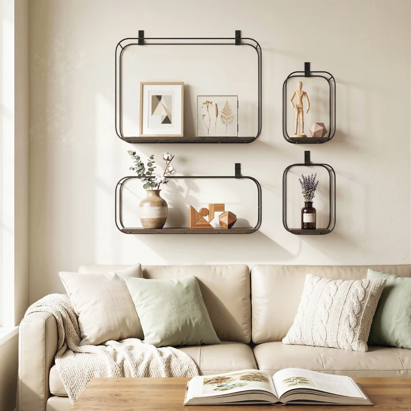 HOMCOM Lot de 4 étagères murales industrielles, étagères flottantes géométriques en métal, pour salon, chambre et bureau, noir