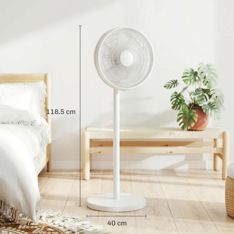 HOMCOM Ventilator de Podea cu Telecomandă, Reglabil pe Înălțime, 4 Viteze, Oscilație 80°, Timer 10 Ore, Alb, Ø40x90.5-118.5Î cm