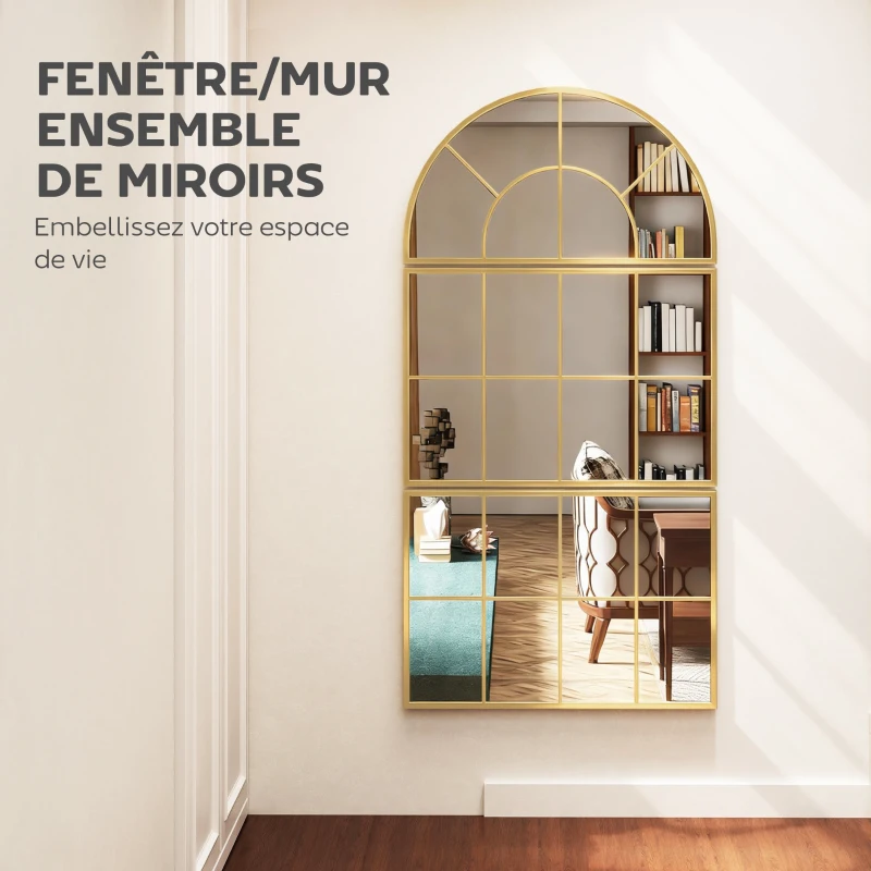 HOMCOM Miroir mural arqué miroir mural en forme de fenêtre ensemble de 3 pièces cadre en métal 76 x 150 cm doré