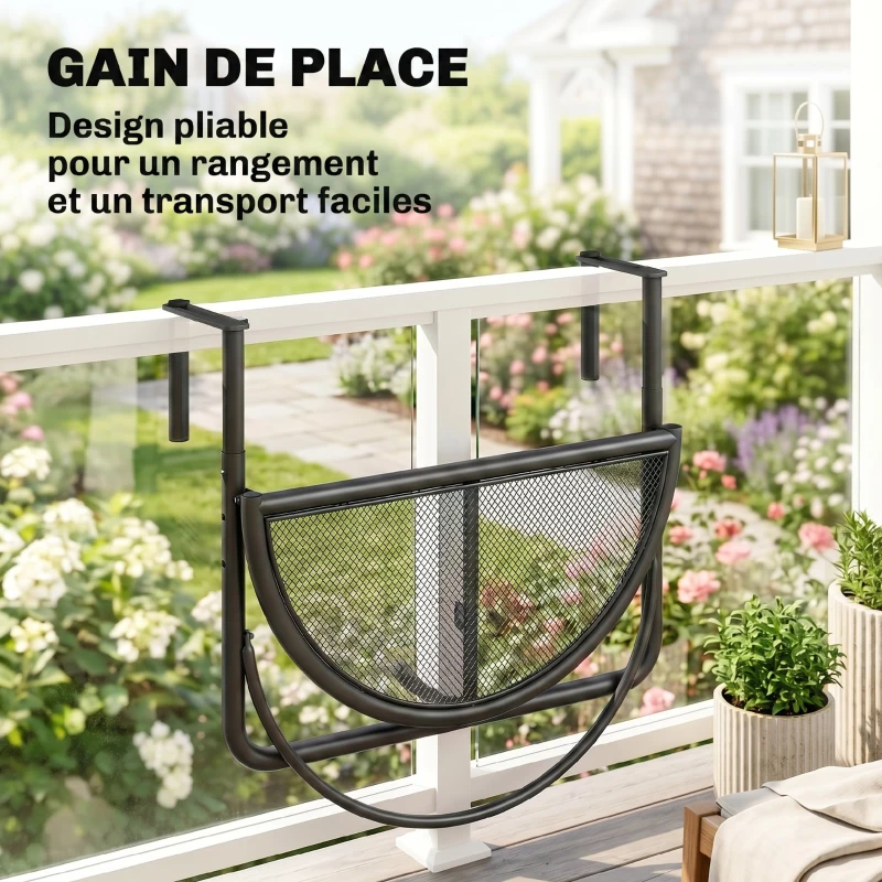 Outsunny Table Suspendue pour Balcon dim. 60L x 45l cm Hauteur réglable 3 Niveaux métal époxy Noir