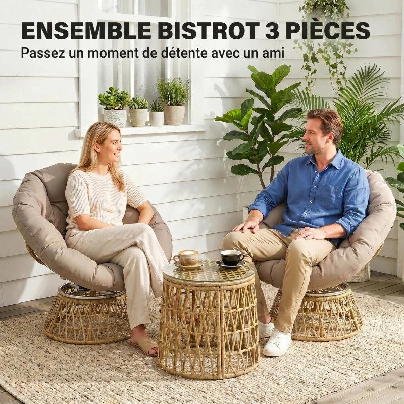 Outsunny Ensemble salon de jardin 3 pièces avec 2 fauteuils papasan pivotant et 1 tables basse ronde polyester résine tressée