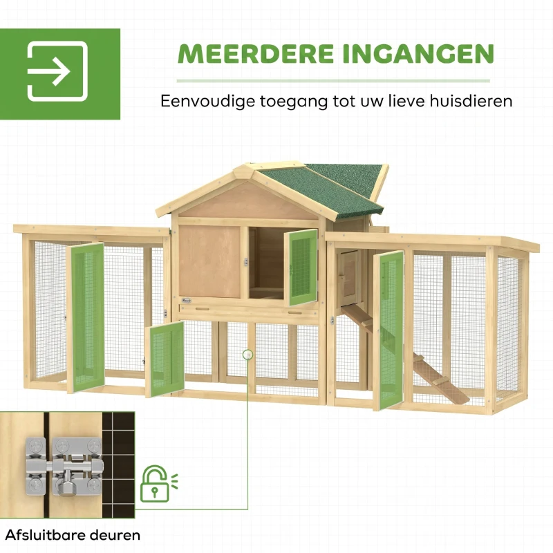 PawHut Kippenhok van hout met legnest, waterdicht dak, zitstok, ren, loopplank, 204x85x93 cm natuurhout