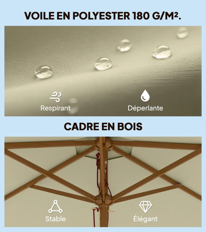 Outsunny Parasol de jardin extérieur parasol droit double toit Hexagonal Grande Taille de Jardin Ø 2,5 x 2,3H m Bois de Bambou crème