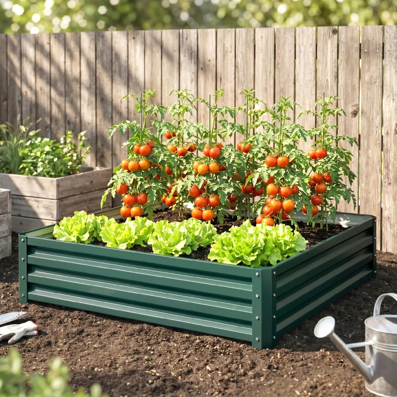 Outsunny Carré potager de jardin tôle d'acier ondulée 120 x 120 x 30 cm vert foncé